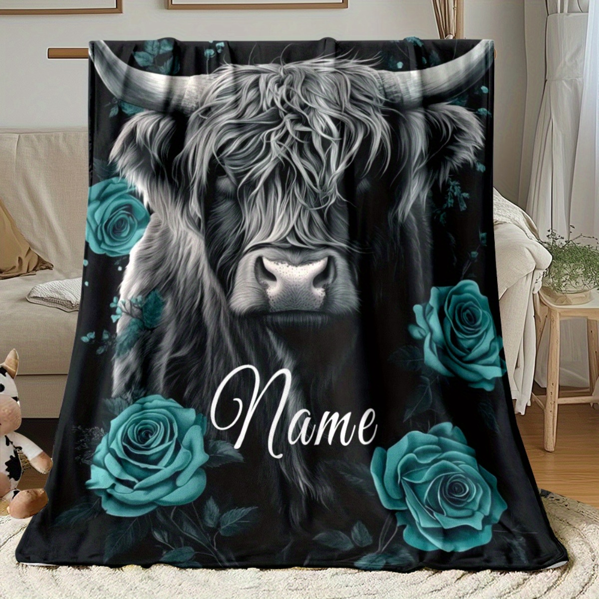 Highland Home Textiles - Personalisierte Highland-Kuh-Decke mit Schwarz-Teal-Rosen-Design, weiche Fleece-Decke,