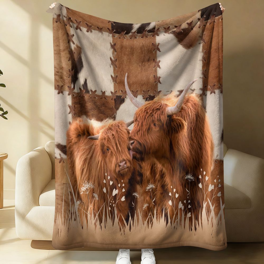 Highland Home Textiles - Highland Cattle Digitaldruck-Fleece-Flanelldecke, rustikale Bauernhoftier-Decke, warmes,